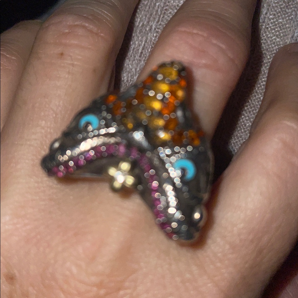 14 K & 925 Prey Bird Owl Design Ring With Gem Accents/ Garnet & Citrine Natural